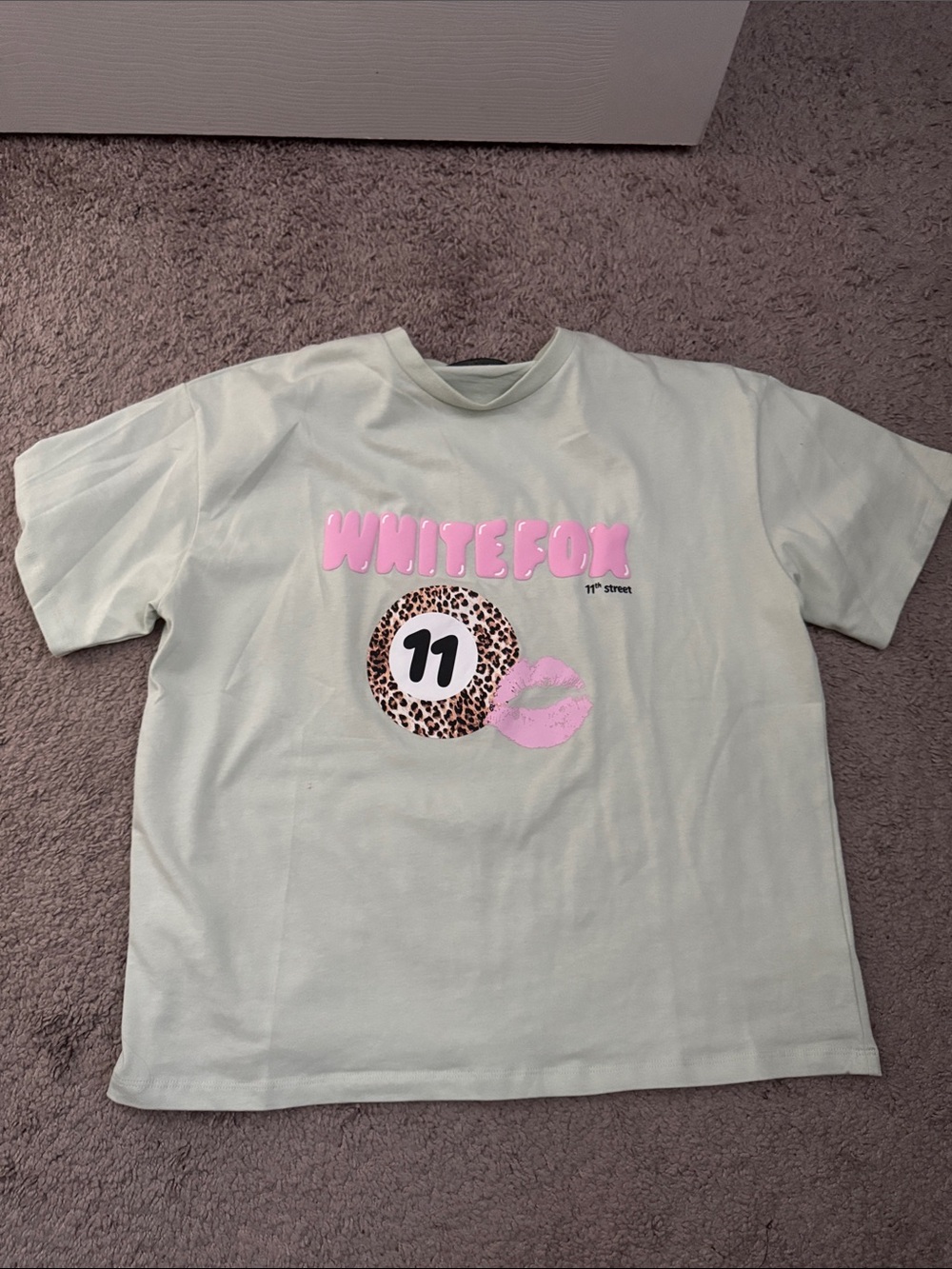 White Fox Boutique Mint Green Tee with Pink Logo and Leopard Patch